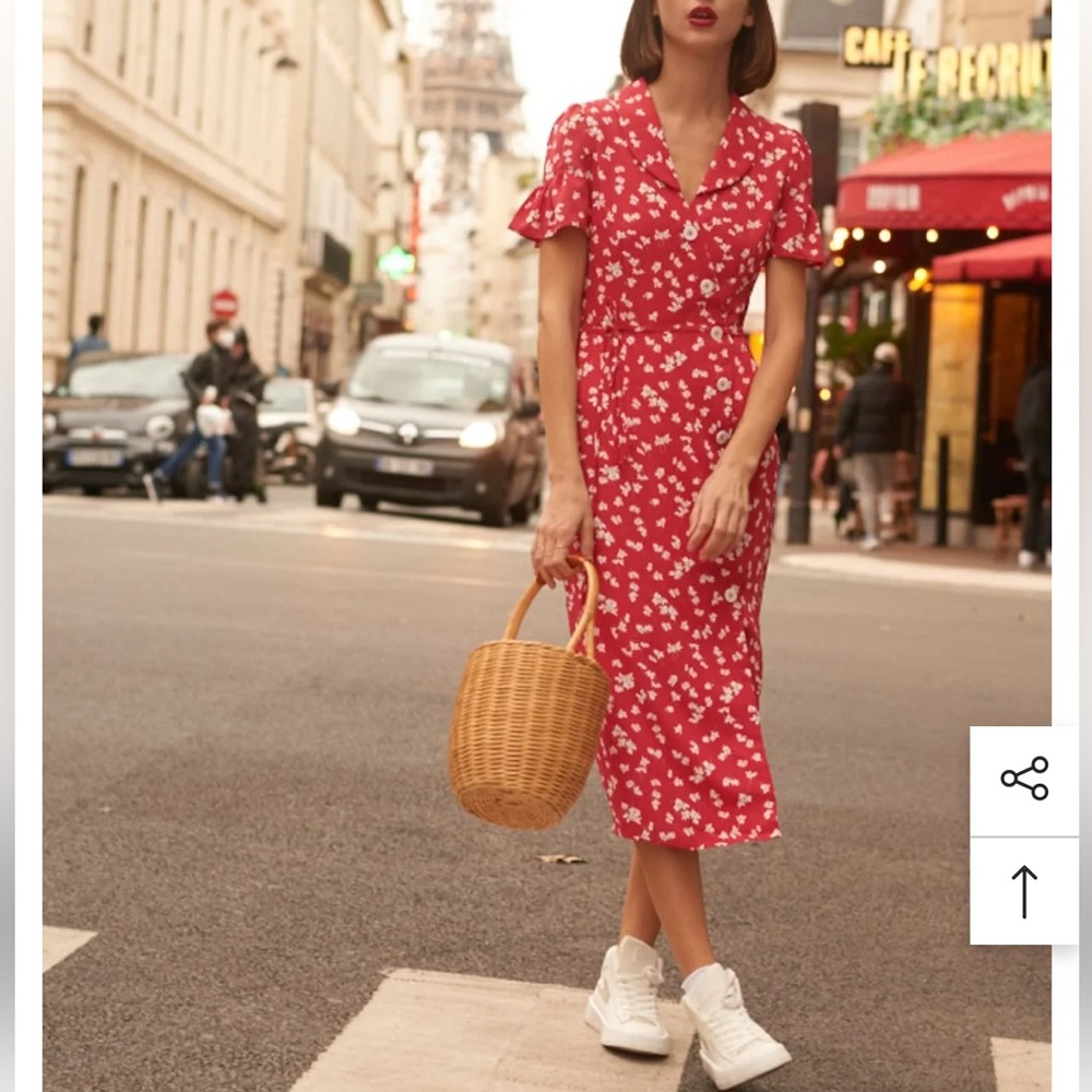 Red Floral Midi Dress with White Print